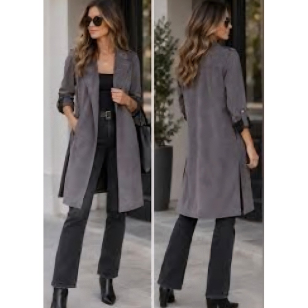 Tahari T Dusty Violet Open Front Trench Duster Jacket Lrg Lightweight Business